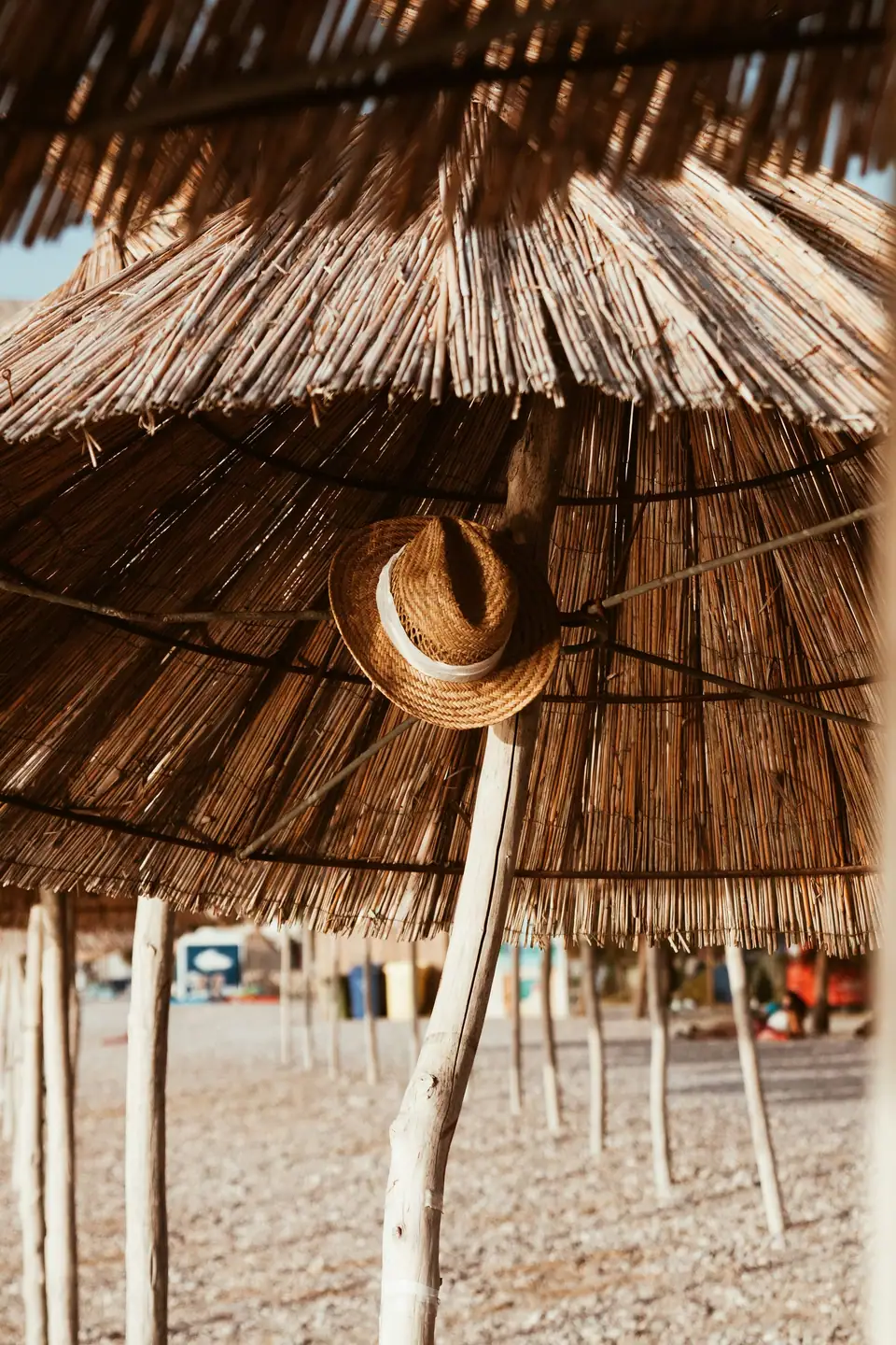 A straw hat hanging under a thatched beach umbrella
